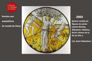 Quatre rondels de figures de saints (saints Nicolas, Sébastien, Mathieu, Roch) vitraux de la fin du XVe s.